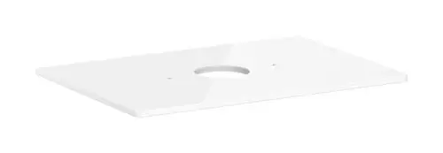 Weiße Konsole von Hansgrohe mit zentralem Ausschnitt für einen Aufsatzwaschtisch, ohne Hahnloch, flache Oberflächenform.